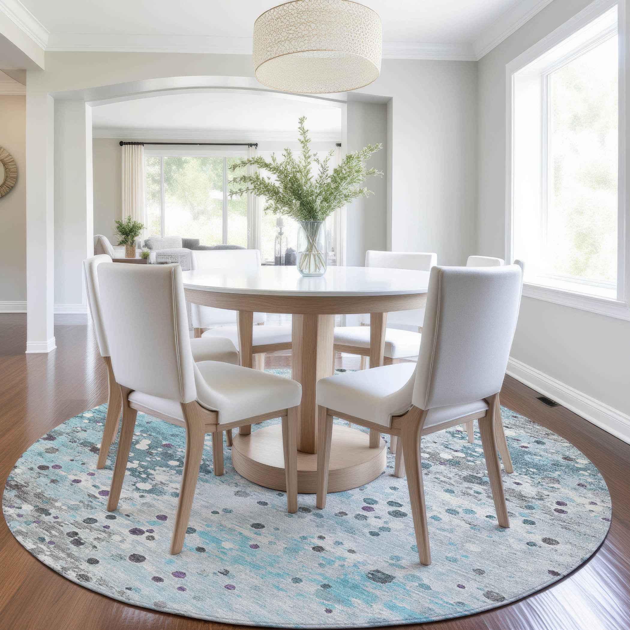 8' Teal Blue And Gray Round Abstract Washable Indoor Outdoor Area Rug