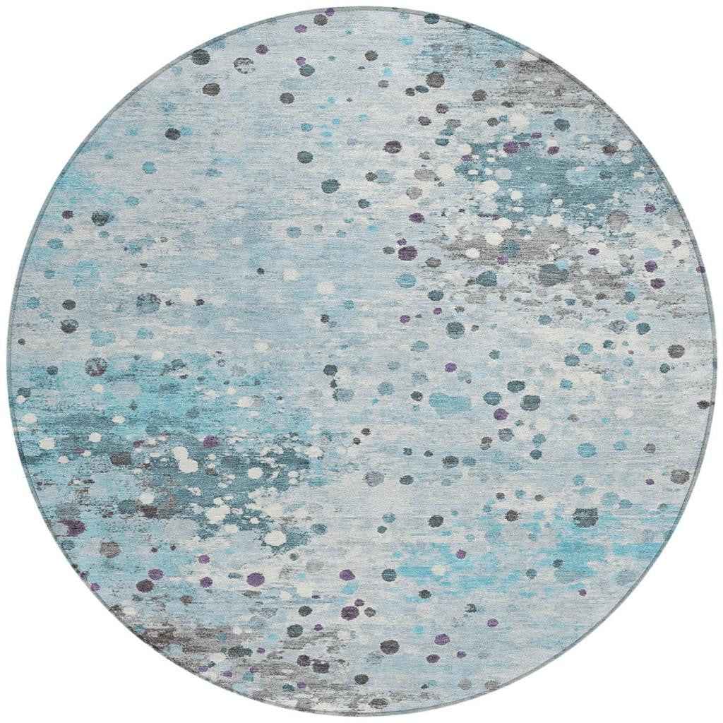 8' Teal Blue And Gray Round Abstract Washable Indoor Outdoor Area Rug