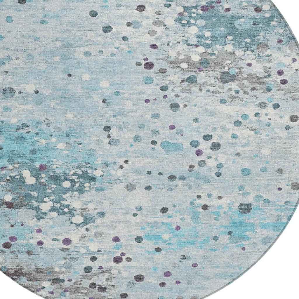 8' Teal Blue And Gray Round Abstract Washable Indoor Outdoor Area Rug