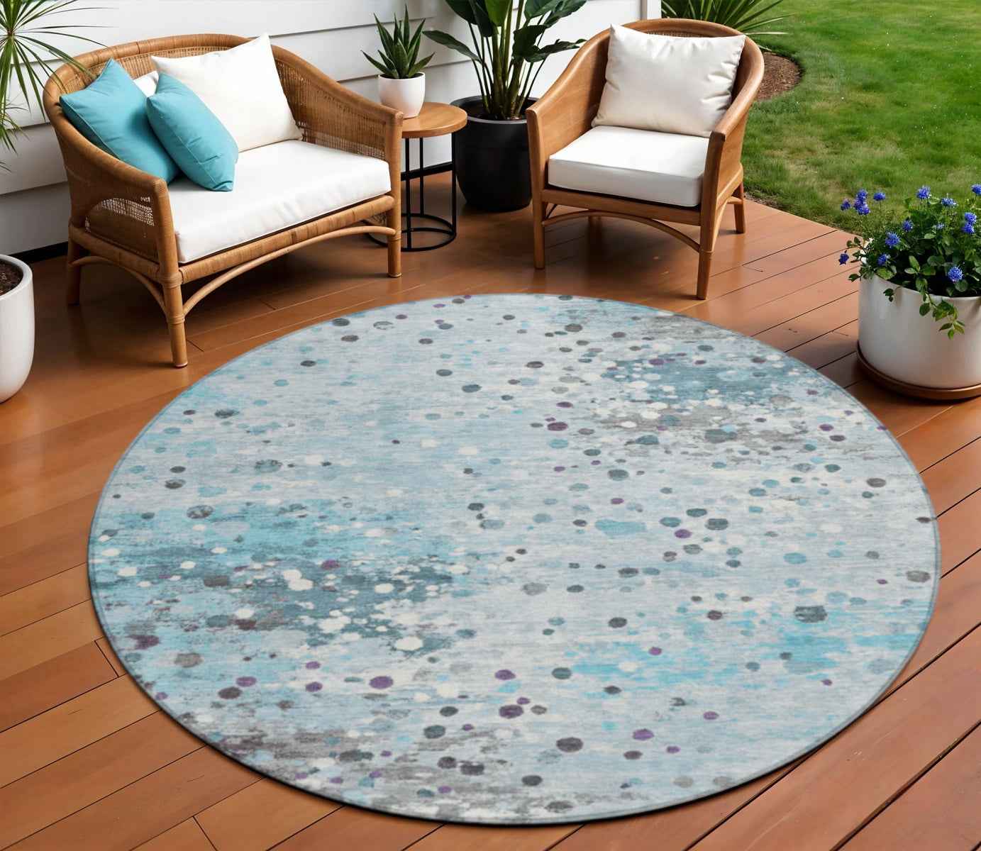 8' Teal Blue And Gray Round Abstract Washable Indoor Outdoor Area Rug