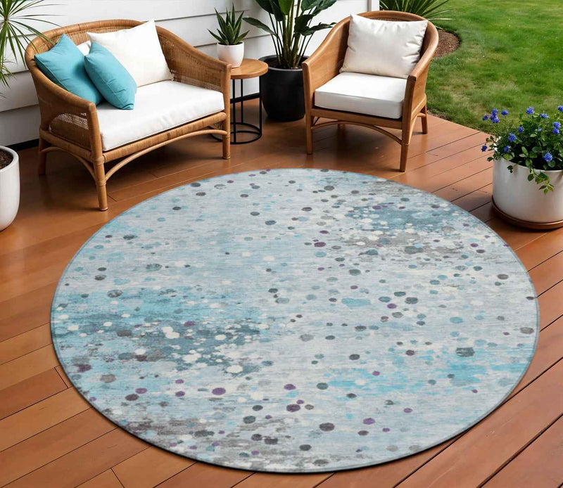 8' Teal Blue And Gray Round Abstract Washable Indoor Outdoor Area Rug