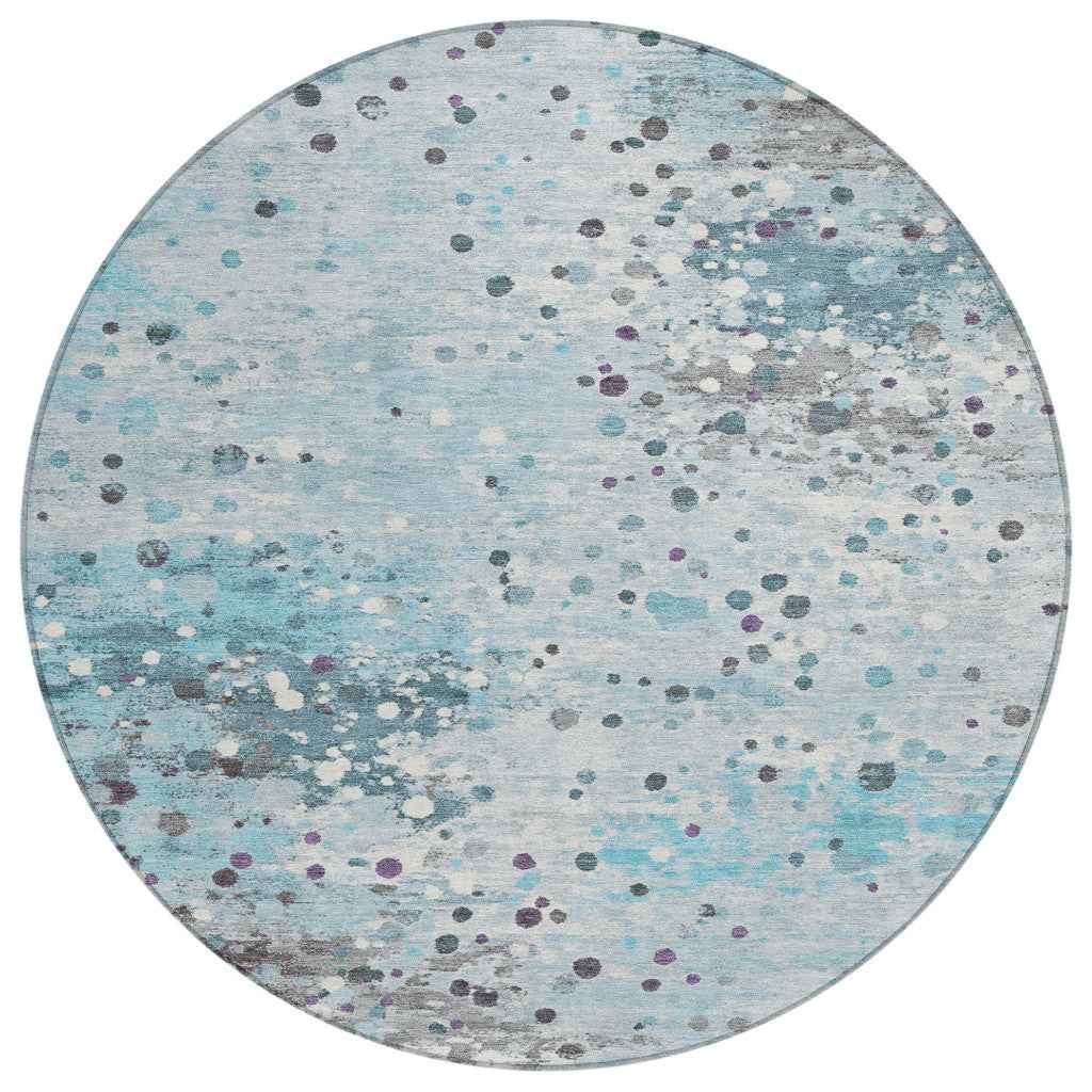 8' Teal Blue And Gray Round Abstract Washable Indoor Outdoor Area Rug