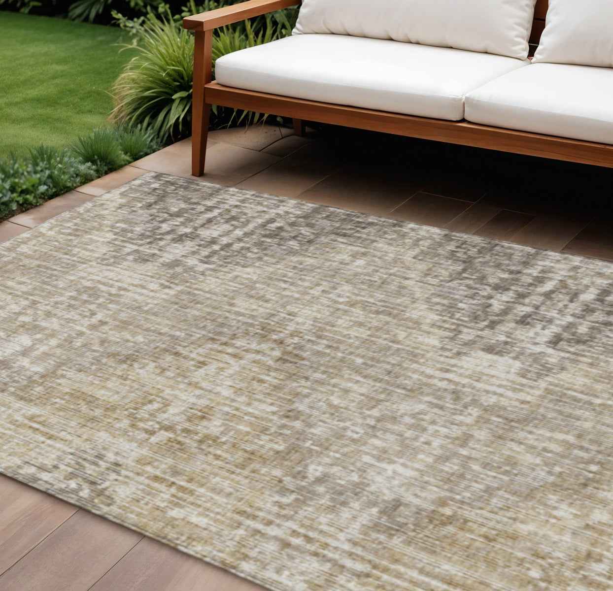 9' X 12' Khaki And Beige Geometric Washable Indoor Outdoor Area Rug