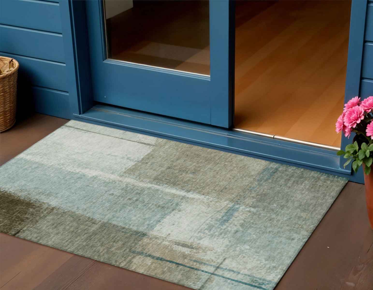 3' X 5' Pale Aqua And Beige Abstract Washable Indoor Outdoor Area Rug