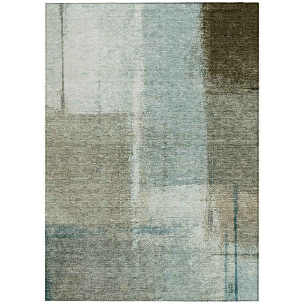 3' X 5' Pale Aqua And Beige Abstract Washable Indoor Outdoor Area Rug