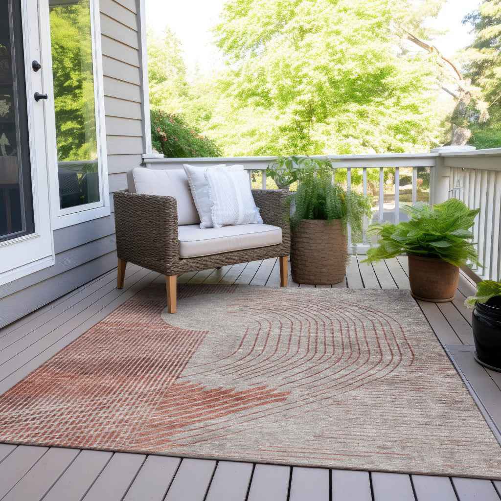 5' X 8' Salmon And Beige Geometric Washable Indoor Outdoor Area Rug