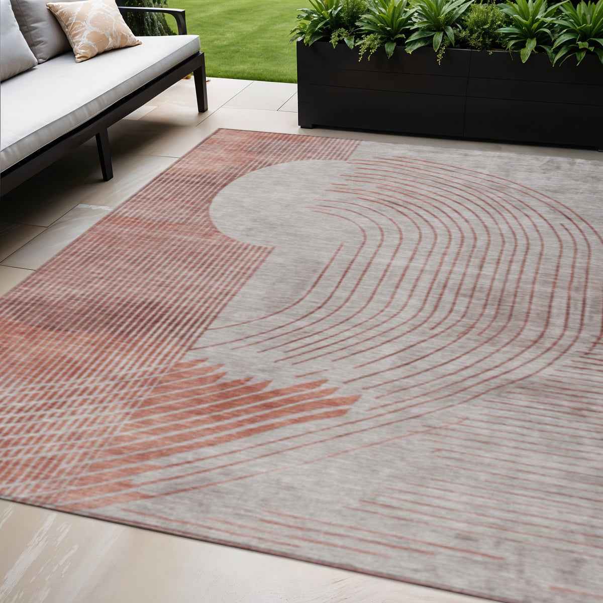 5' X 8' Salmon And Beige Geometric Washable Indoor Outdoor Area Rug