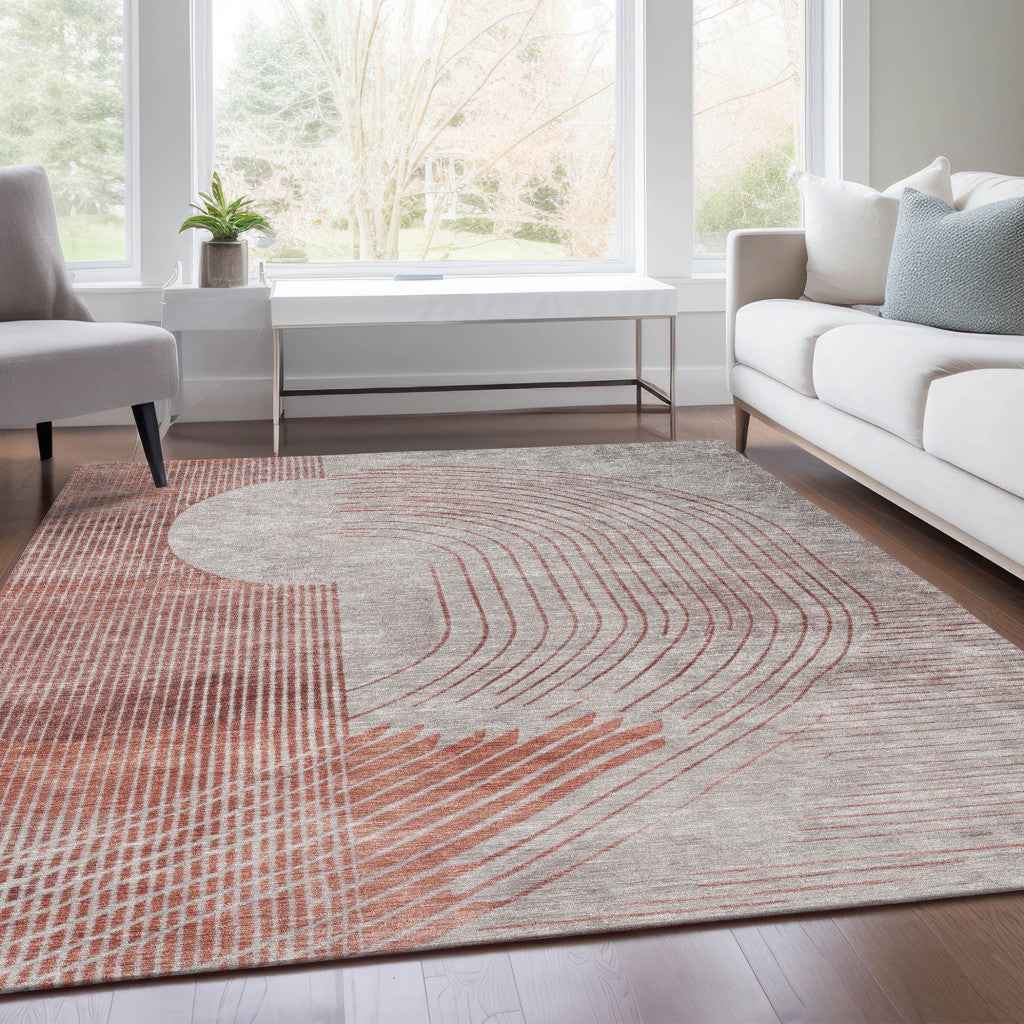 5' X 8' Salmon And Beige Geometric Washable Indoor Outdoor Area Rug