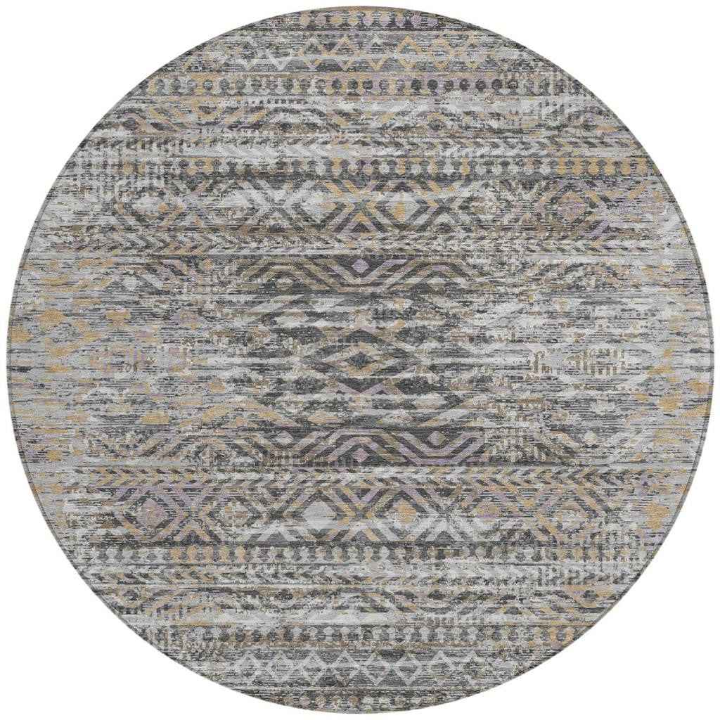 8' Gray And Beige Round Moroccan Washable Indoor Outdoor Area Rug