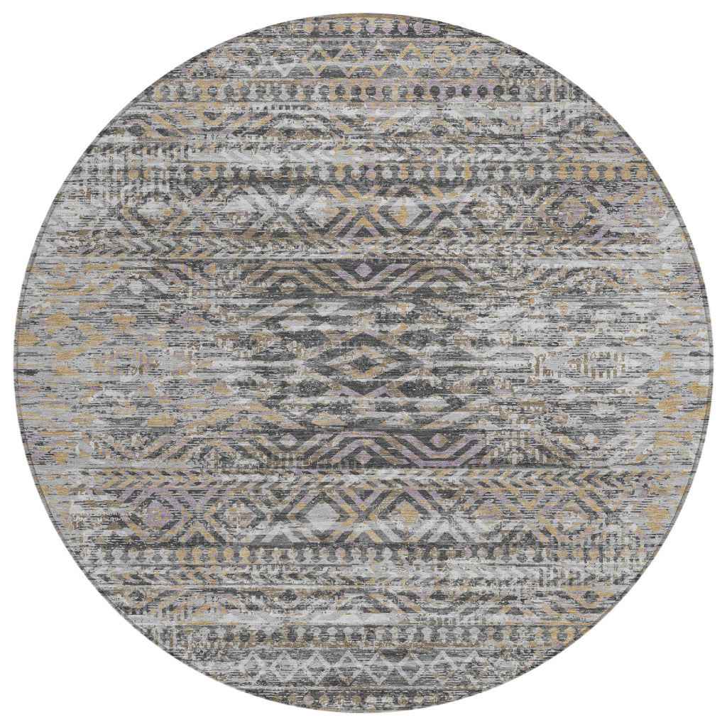 8' Gray And Beige Round Moroccan Washable Indoor Outdoor Area Rug
