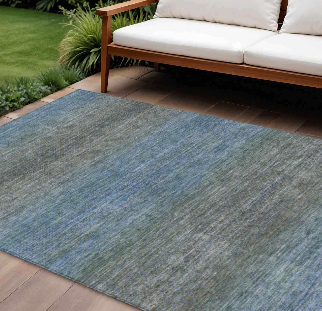 8' X 10' Blue And Taupe Geometric Washable Indoor Outdoor Area Rug