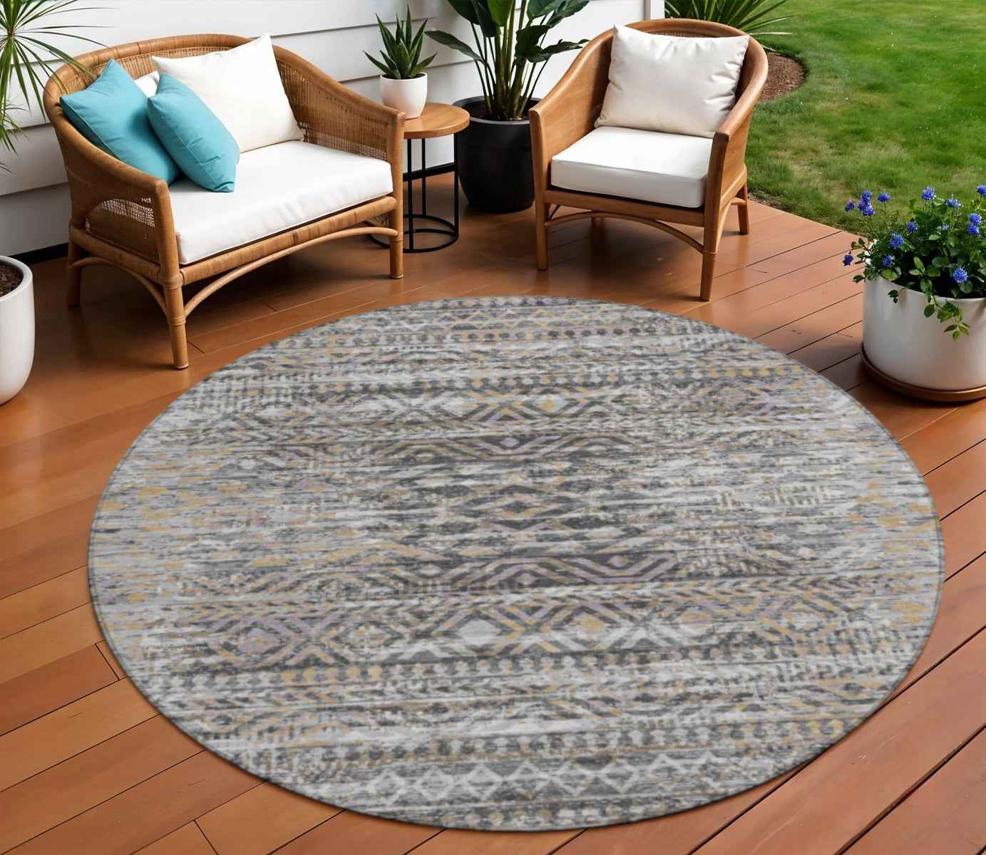 8' Gray And Beige Round Moroccan Washable Indoor Outdoor Area Rug