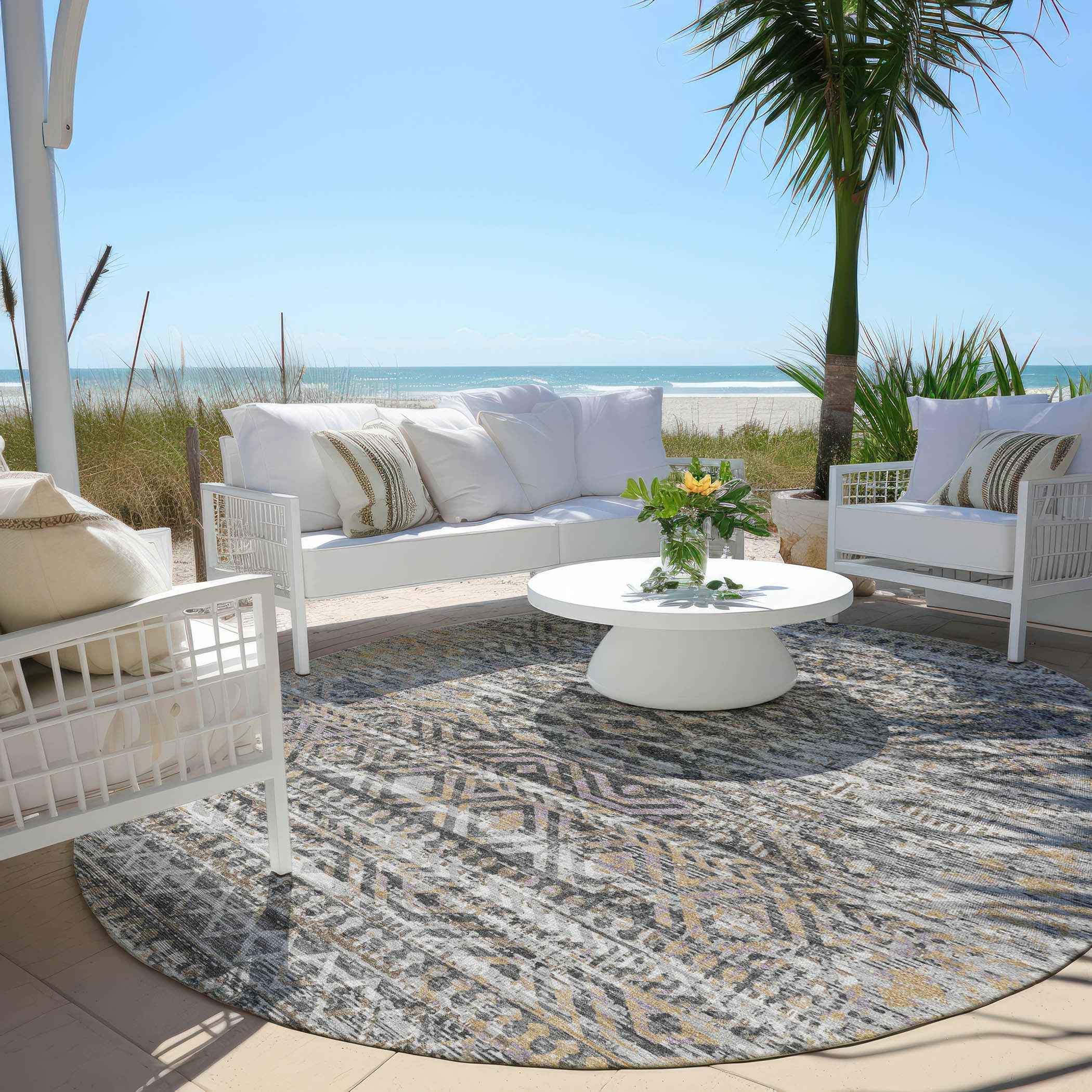 8' Gray And Beige Round Moroccan Washable Indoor Outdoor Area Rug