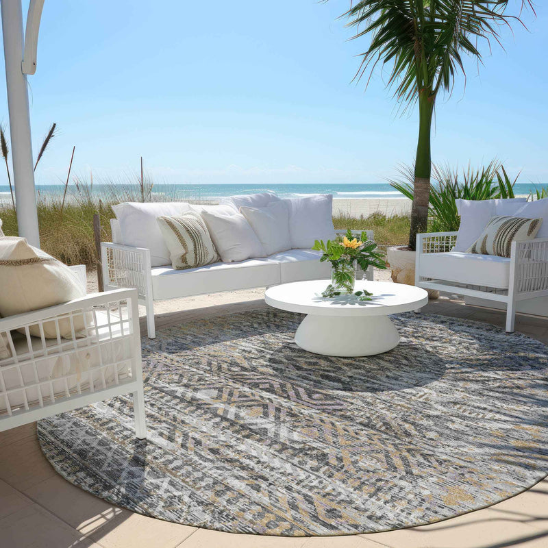 8' Gray And Beige Round Moroccan Washable Indoor Outdoor Area Rug