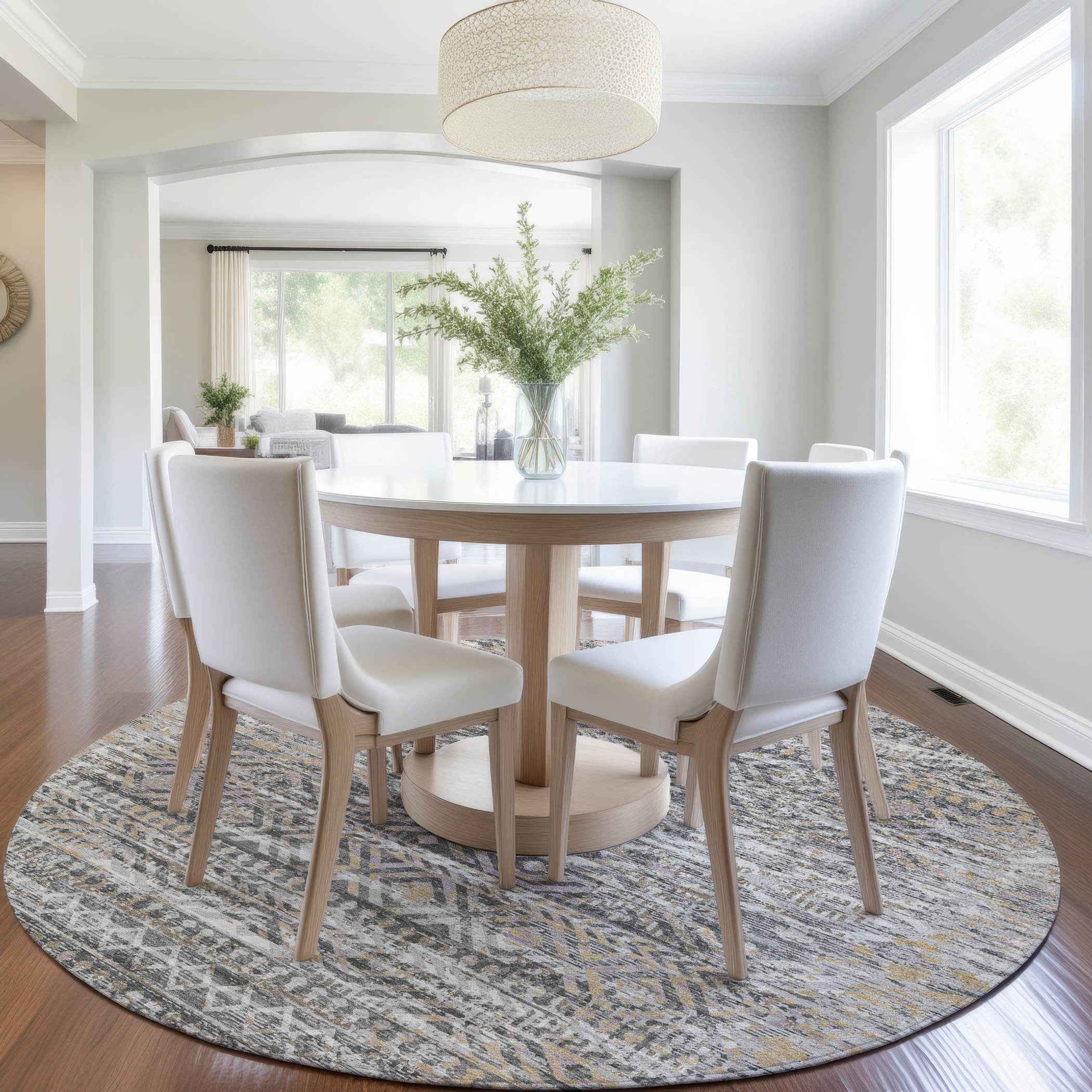 8' Gray And Beige Round Moroccan Washable Indoor Outdoor Area Rug