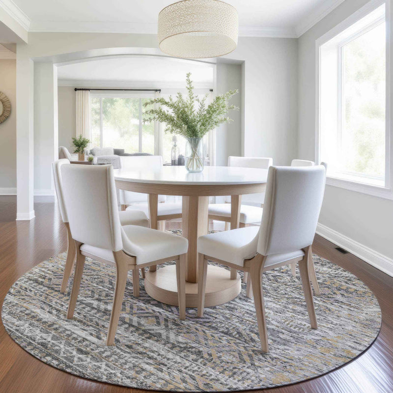 8' Gray And Beige Round Moroccan Washable Indoor Outdoor Area Rug