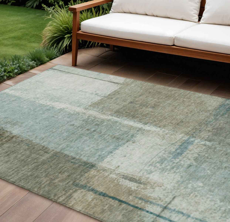 8' X 10' Pale Aqua And Beige Abstract Washable Indoor Outdoor Area Rug
