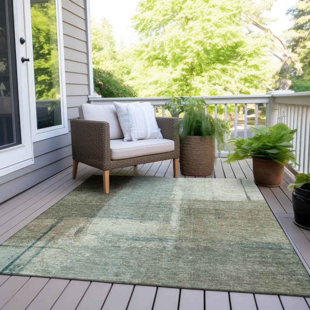 8' X 10' Pale Aqua And Beige Abstract Washable Indoor Outdoor Area Rug