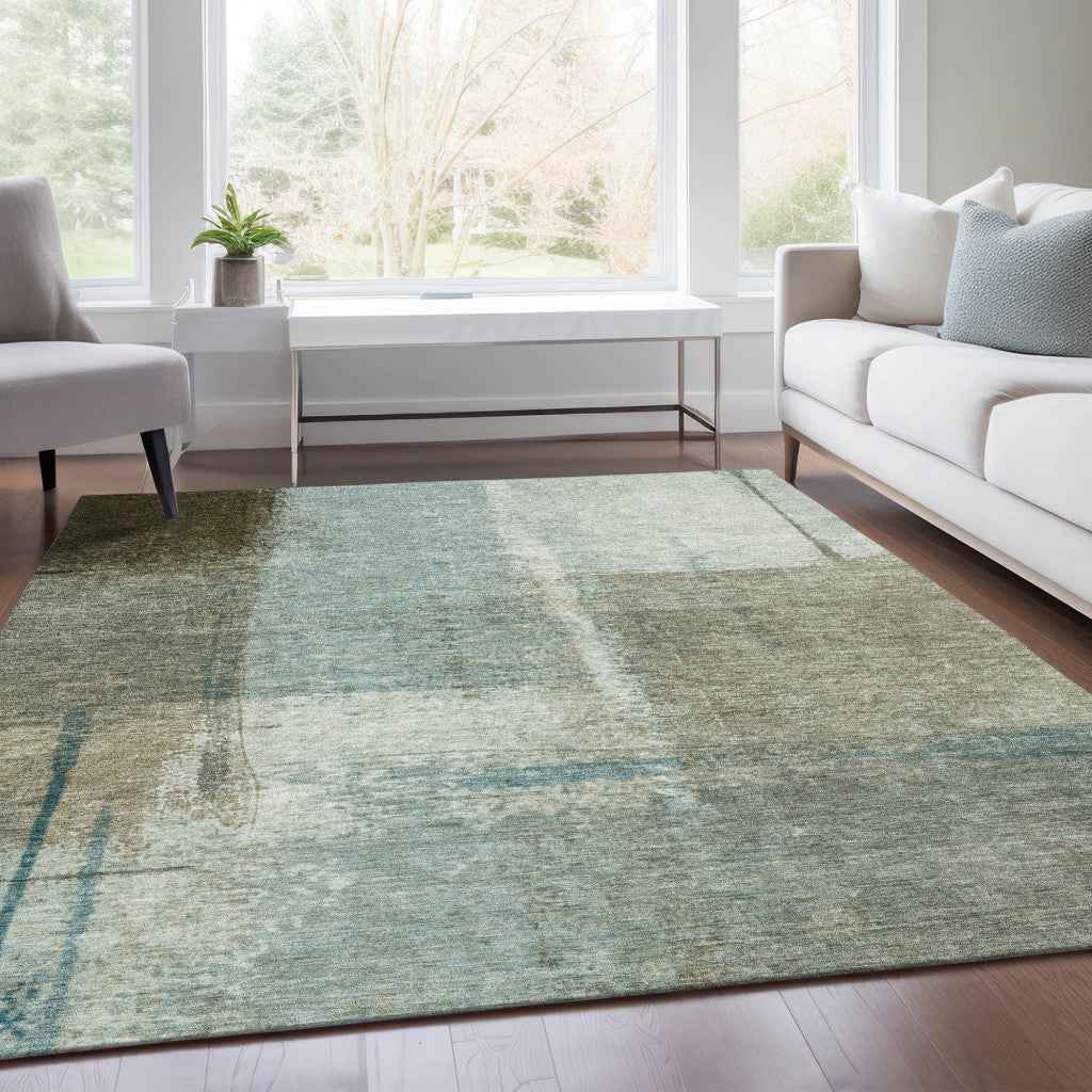8' X 10' Pale Aqua And Beige Abstract Washable Indoor Outdoor Area Rug