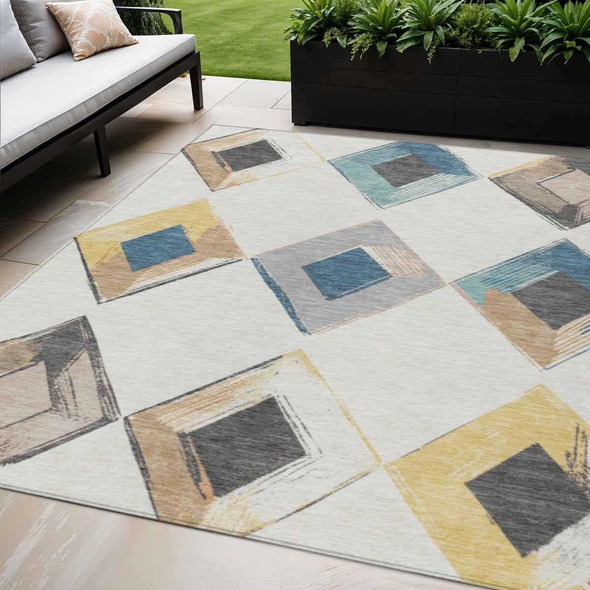 5' X 8' Ivory Gold And Gray Geometric Washable Indoor Outdoor Area Rug