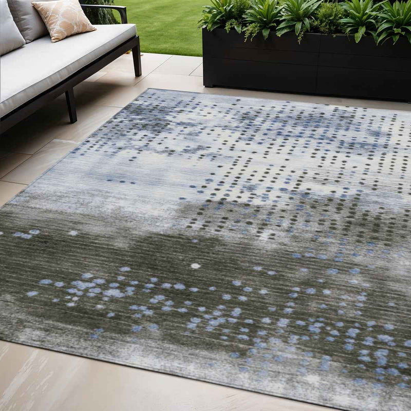 5' X 8' Denim Blue And Brown Geometric Washable Indoor Outdoor Area Rug