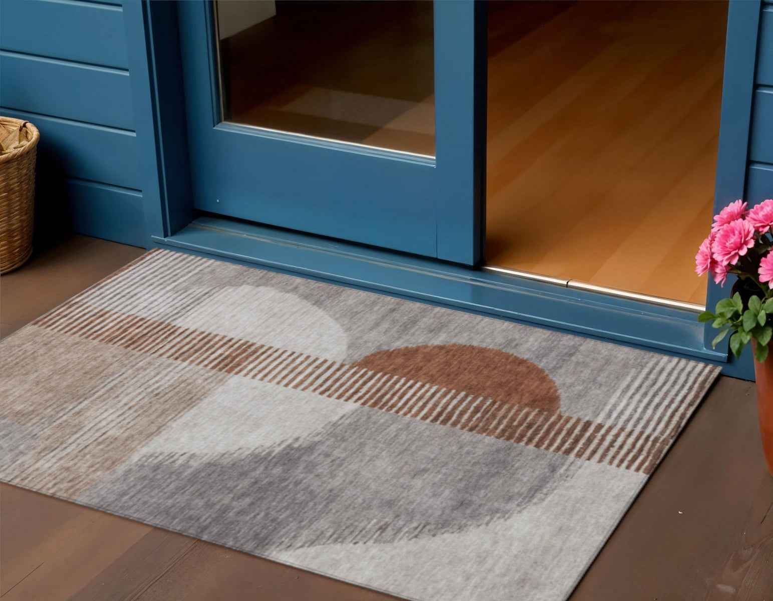 3' X 5' Taupe And Rust Geometric Washable Indoor Outdoor Area Rug