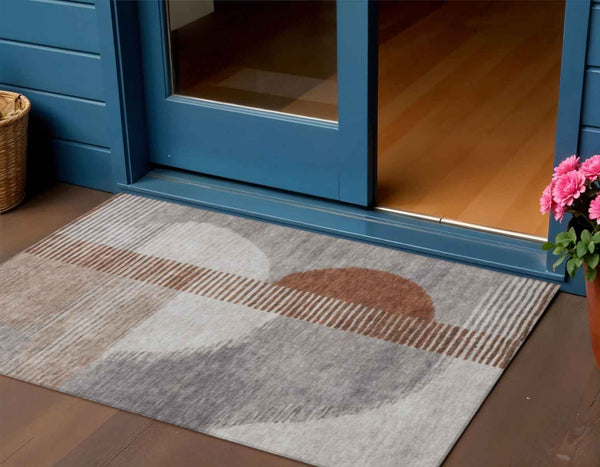 3' X 5' Taupe And Rust Geometric Washable Indoor Outdoor Area Rug