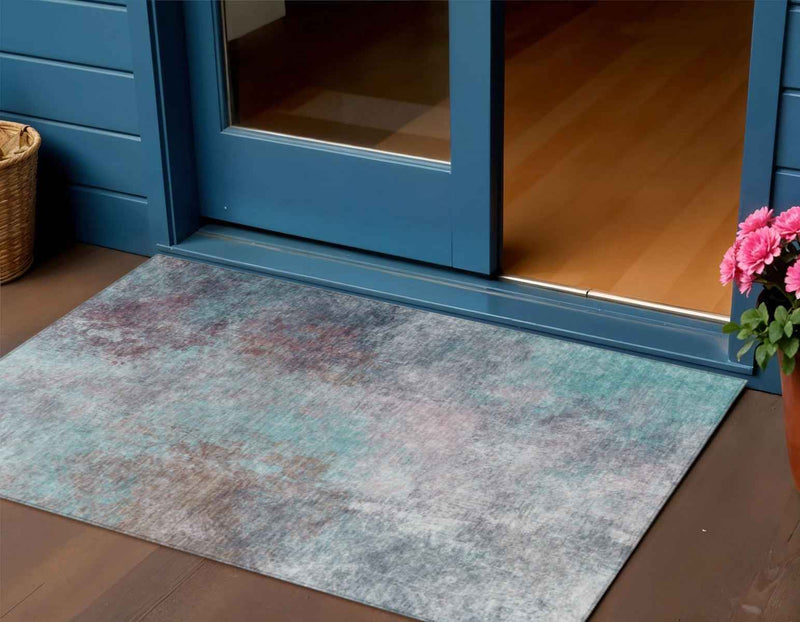 3' X 5' Teal Blue And Blush Abstract Washable Indoor Outdoor Area Rug