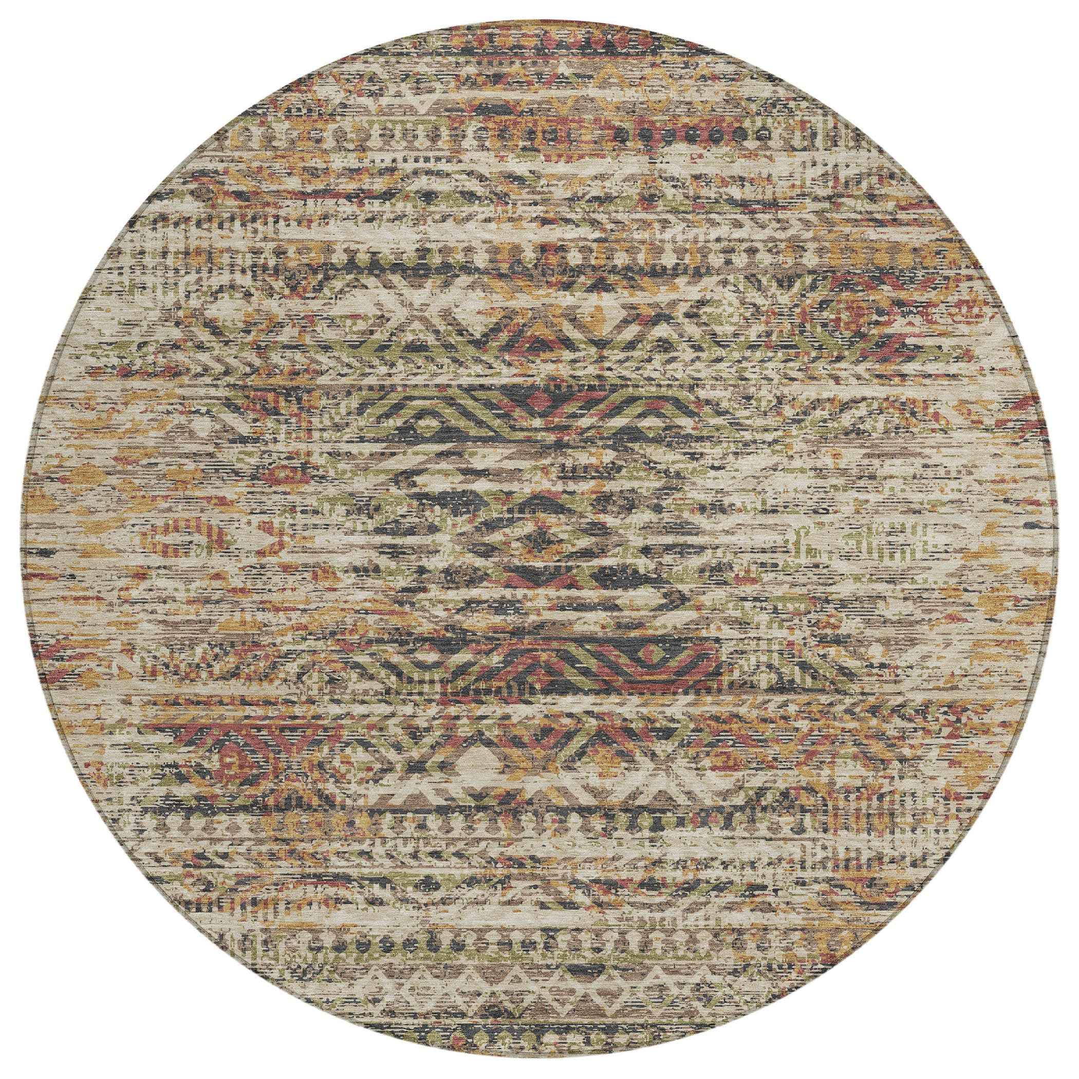 8' Beige And Fern Green Round Moroccan Washable Indoor Outdoor Area Rug