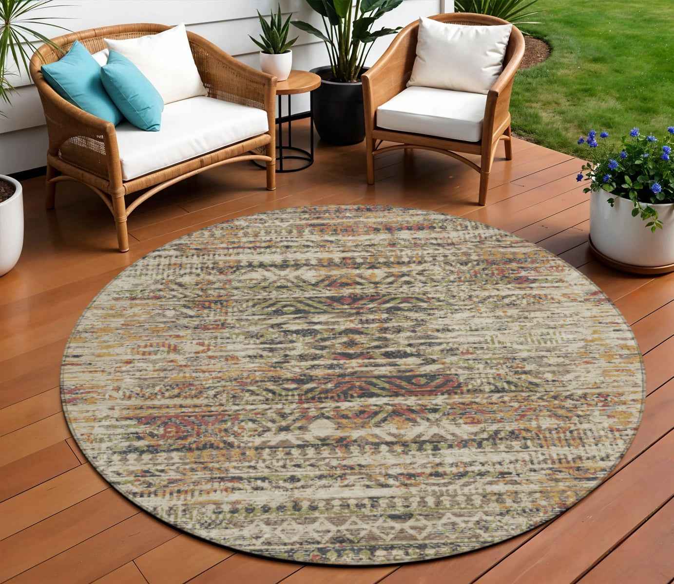 8' Beige And Fern Green Round Moroccan Washable Indoor Outdoor Area Rug