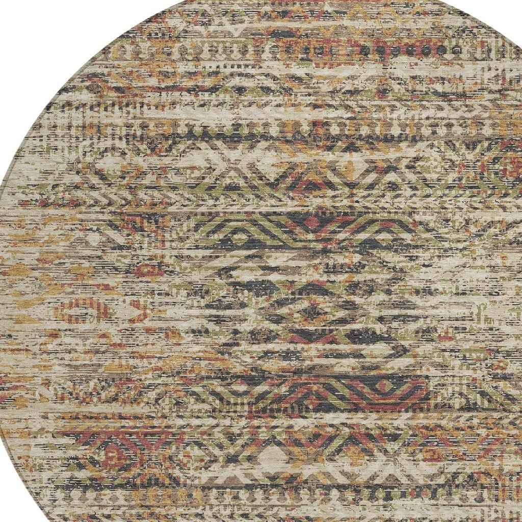 8' Beige And Fern Green Round Moroccan Washable Indoor Outdoor Area Rug