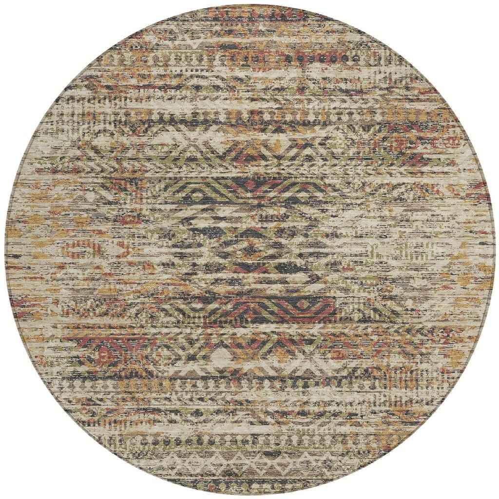 8' Beige And Fern Green Round Moroccan Washable Indoor Outdoor Area Rug