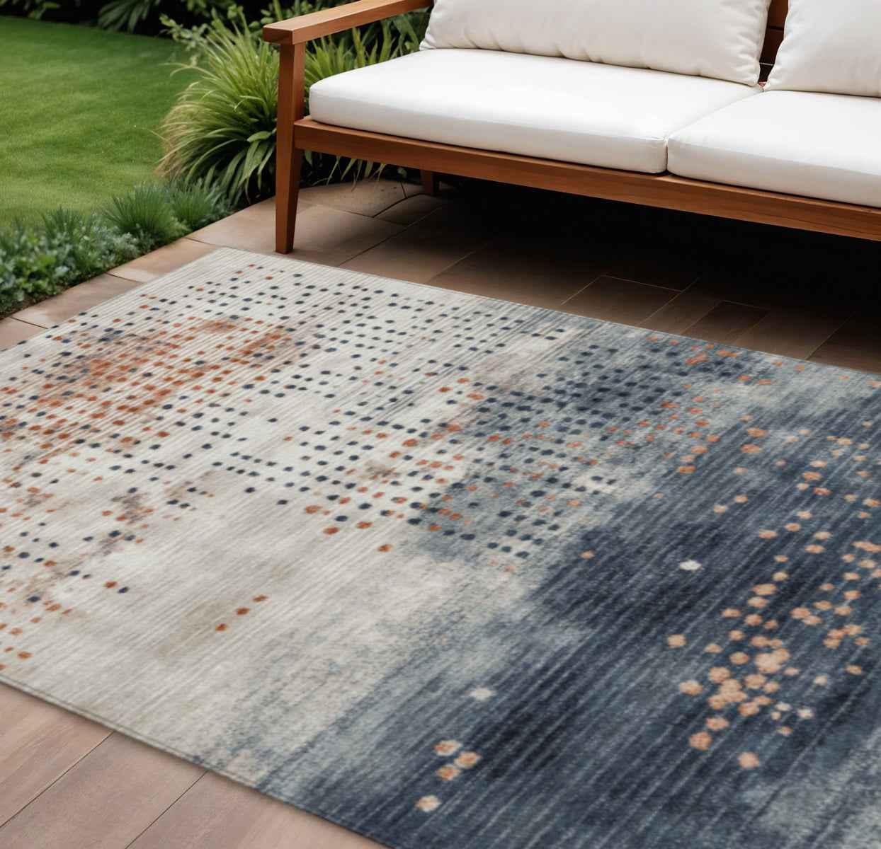 9' X 12' Linen And Navy Blue Geometric Washable Indoor Outdoor Area Rug