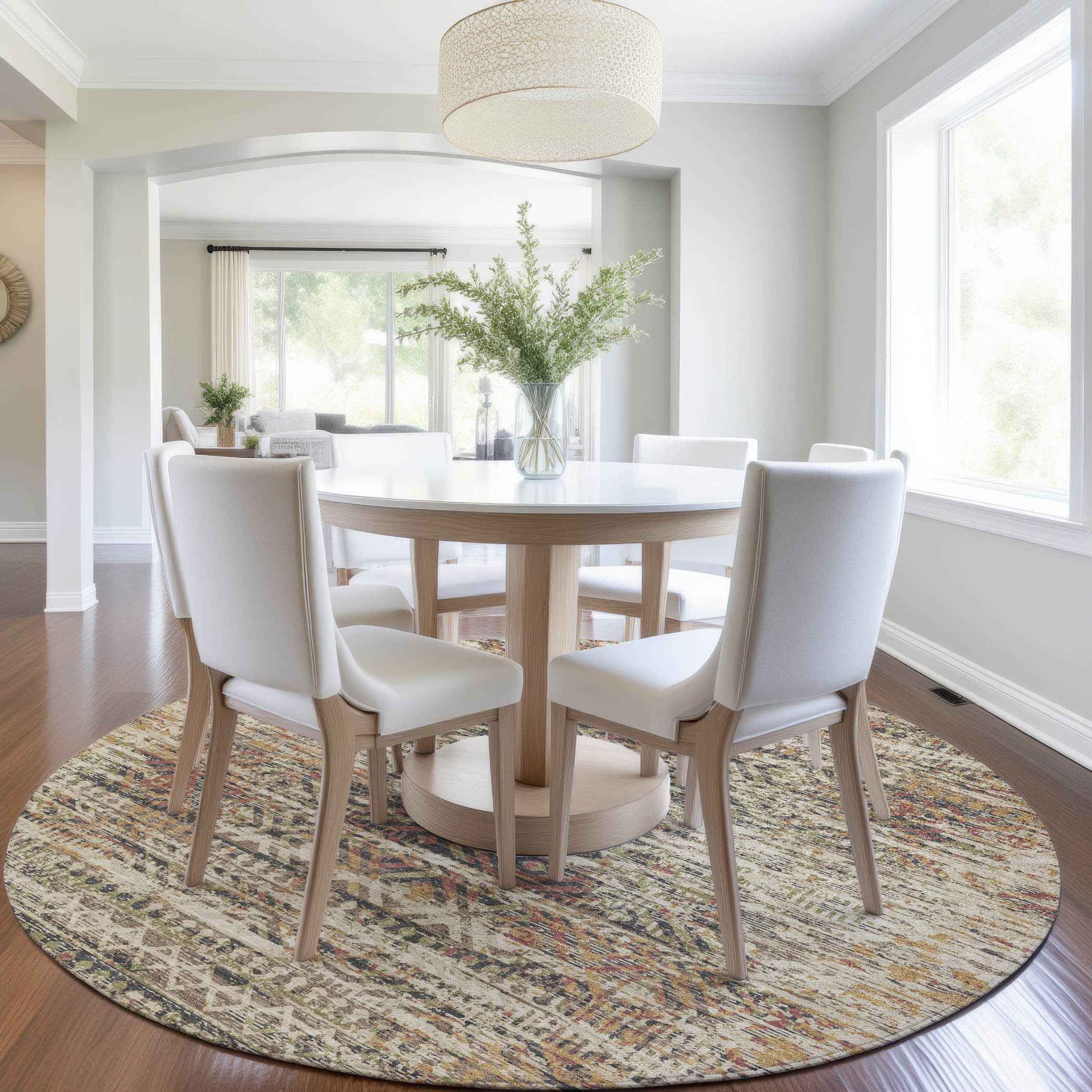 8' Beige And Fern Green Round Moroccan Washable Indoor Outdoor Area Rug