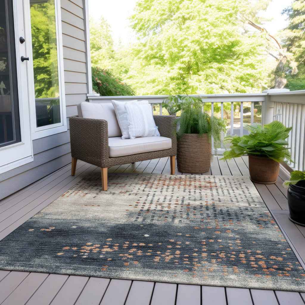 9' X 12' Linen And Navy Blue Geometric Washable Indoor Outdoor Area Rug