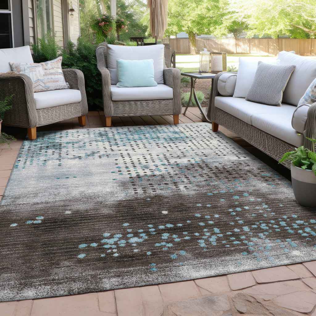 8' X 10' Teal Blue And Brown Geometric Washable Indoor Outdoor Area Rug
