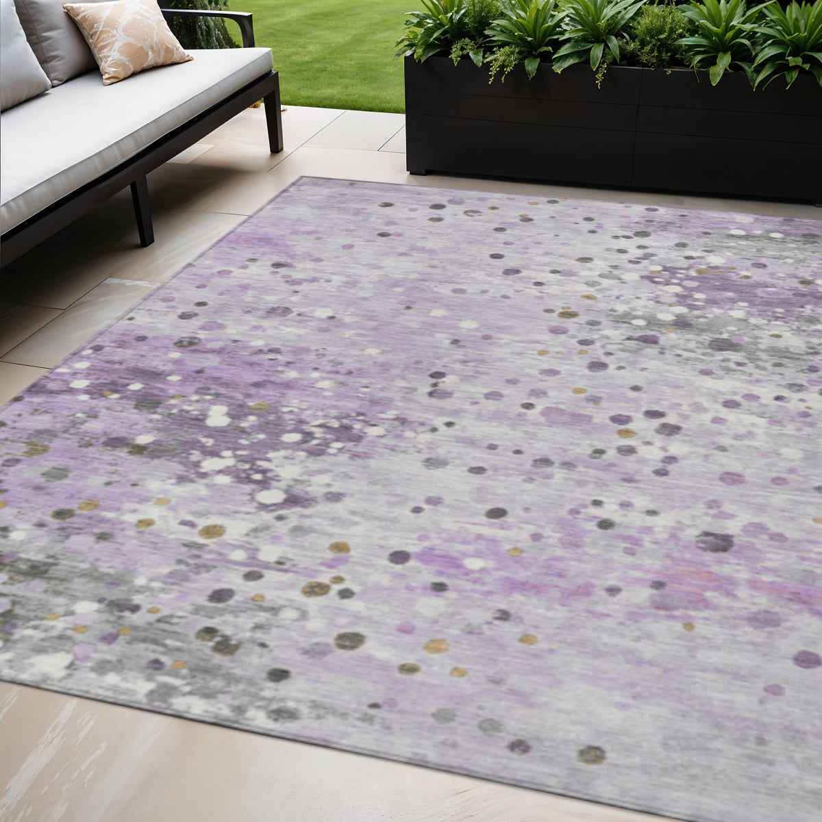 5' X 8' Lavender And Ivory Abstract Washable Indoor Outdoor Area Rug