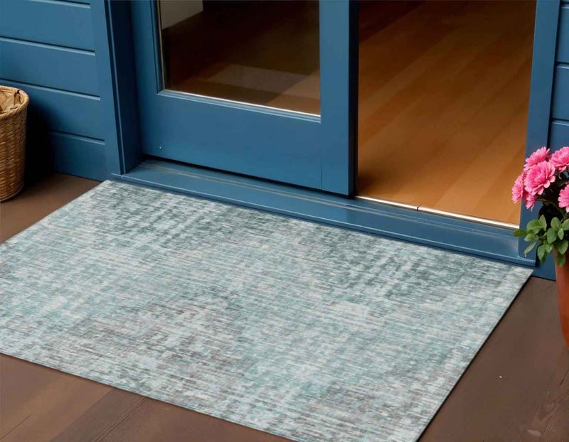 3' X 5' Teal Blue And Ivory Geometric Washable Indoor Outdoor Area Rug