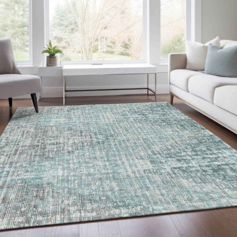3' X 5' Teal Blue And Ivory Geometric Washable Indoor Outdoor Area Rug
