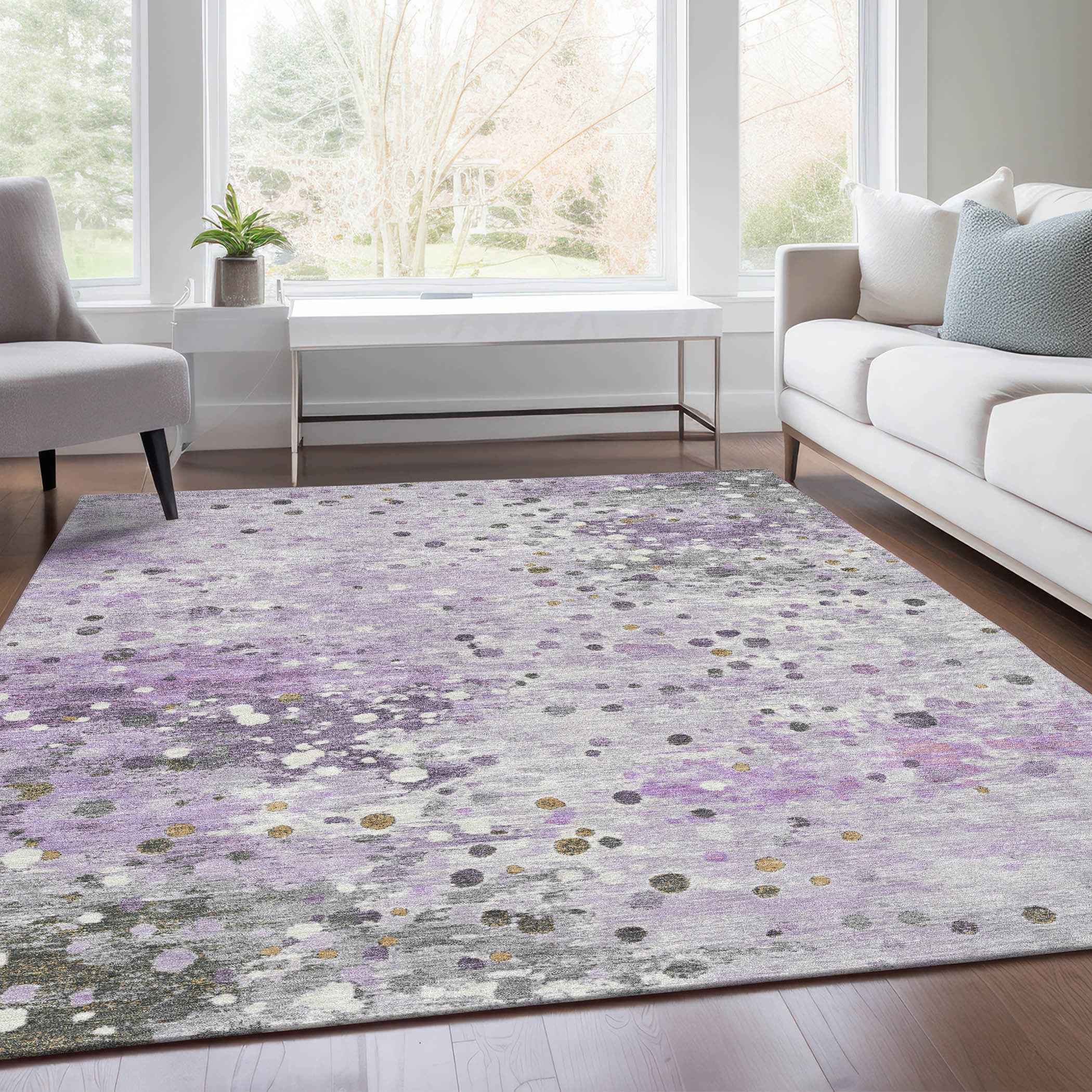 5' X 8' Lavender And Ivory Abstract Washable Indoor Outdoor Area Rug