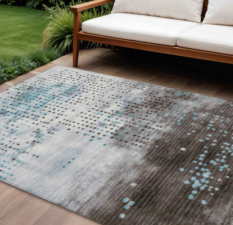 10' X 14' Teal Blue And Brown Geometric Washable Indoor Outdoor Area Rug