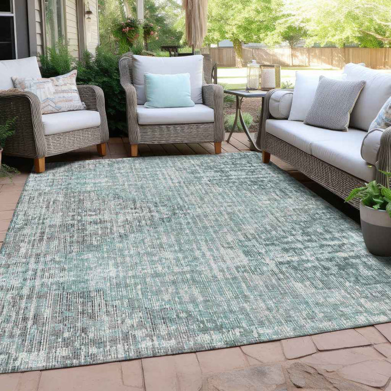 3' X 5' Teal Blue And Ivory Geometric Washable Indoor Outdoor Area Rug