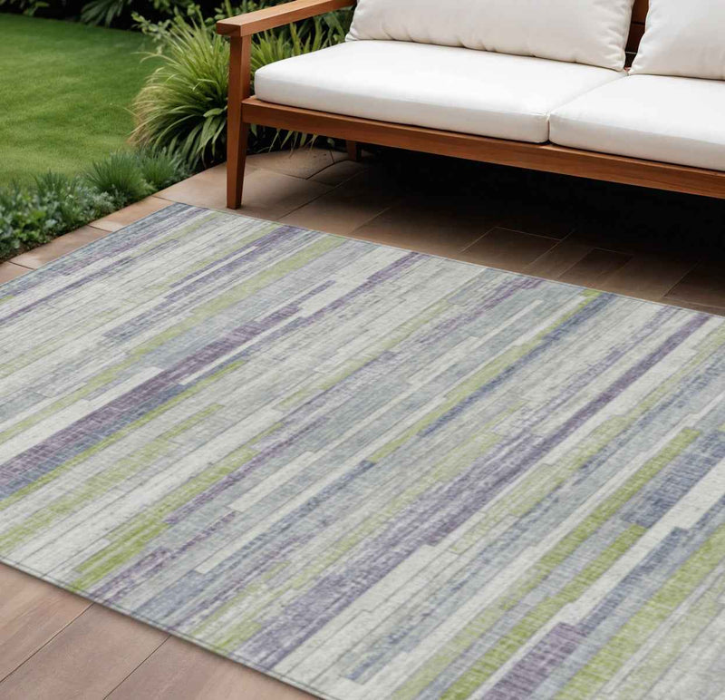 9' X 12' Artichoke Green And Plum Striped Washable Indoor Outdoor Area Rug