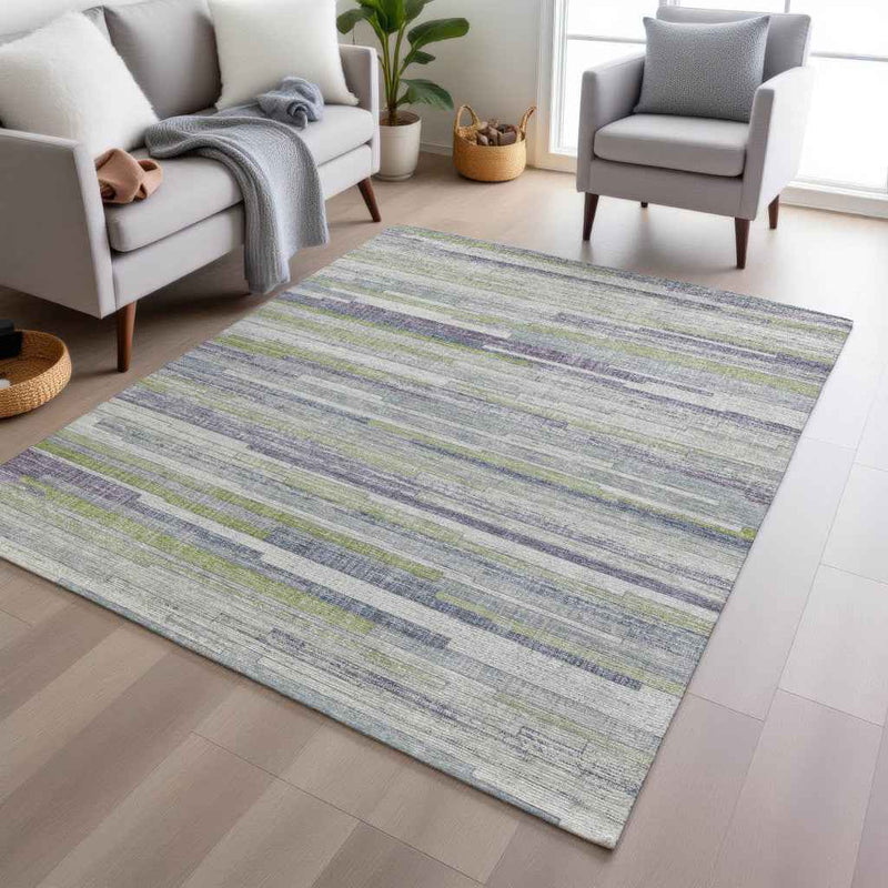 9' X 12' Artichoke Green And Plum Striped Washable Indoor Outdoor Area Rug