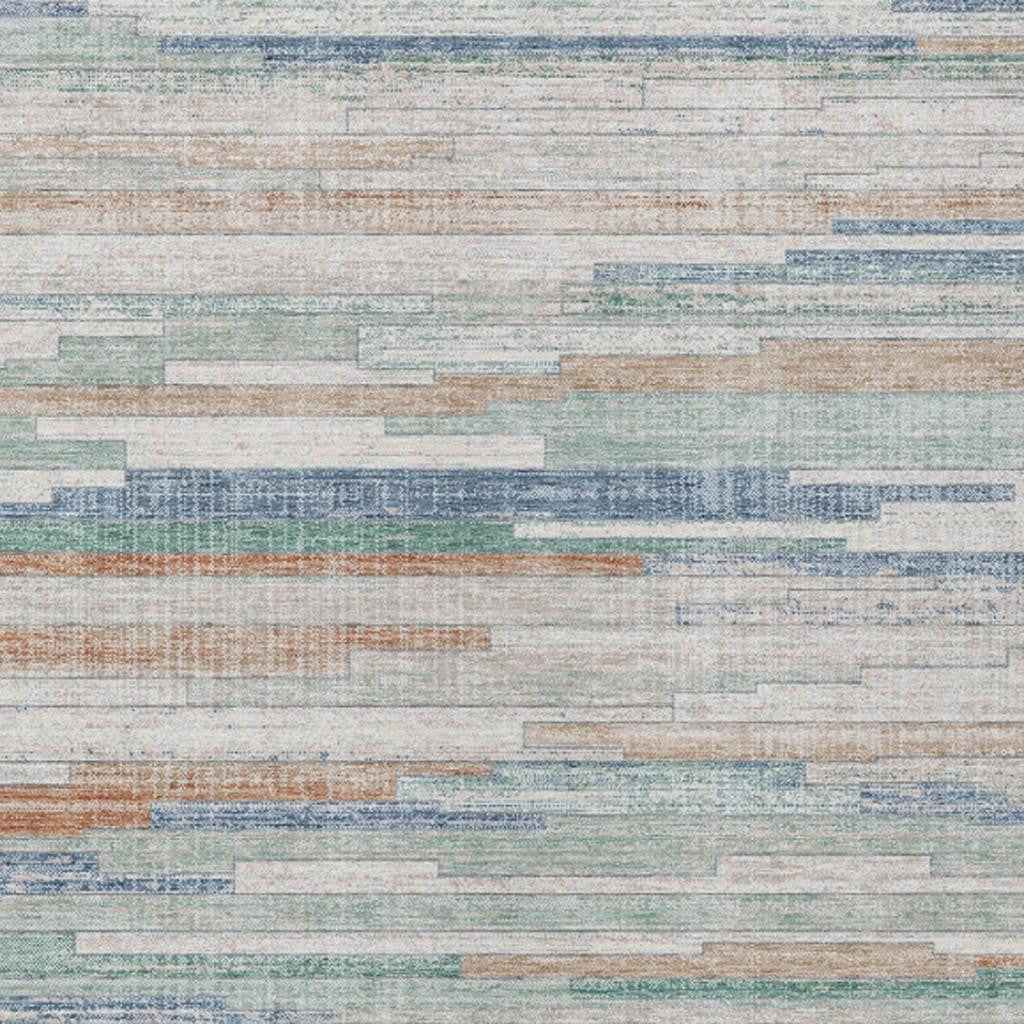 8' X 10' Linen And Pale Aqua Striped Washable Indoor Outdoor Area Rug