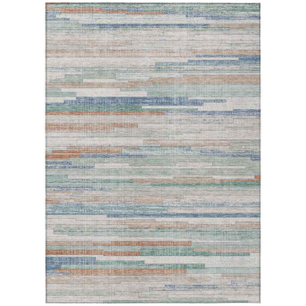 8' X 10' Linen And Pale Aqua Striped Washable Indoor Outdoor Area Rug