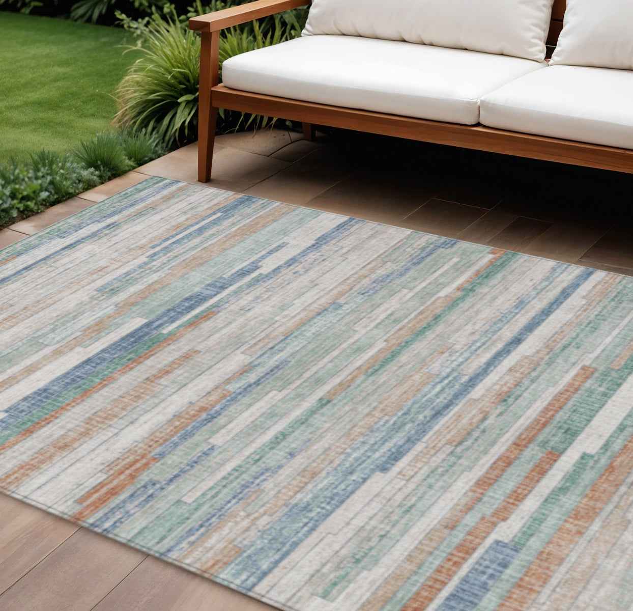 8' X 10' Linen And Pale Aqua Striped Washable Indoor Outdoor Area Rug
