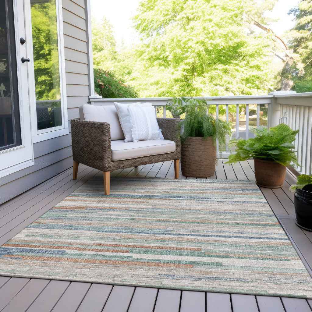 8' X 10' Linen And Pale Aqua Striped Washable Indoor Outdoor Area Rug