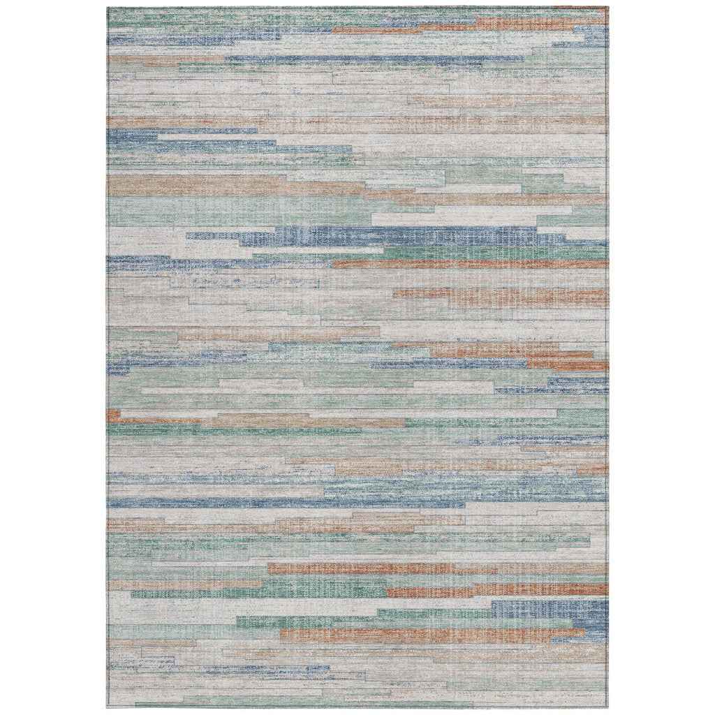 8' X 10' Linen And Pale Aqua Striped Washable Indoor Outdoor Area Rug