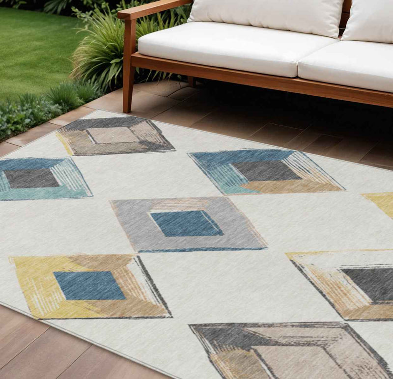 9' X 12' Ivory Gold And Gray Geometric Washable Indoor Outdoor Area Rug